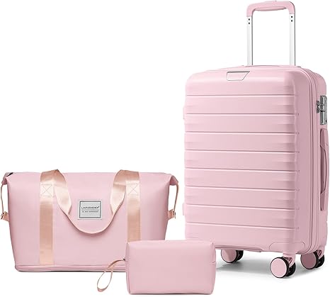 LARVENDER Luggage Sets 3 Piece with Duffel Bag Hardside PP Carry On Suitcase with 360° Spinner Wheels TSA Lock Luggage Sets for Women, Orchid Pink