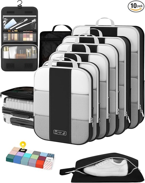 10 Set Compression Packing Cubes for Travel Essentials,Compressible Expandable Packing Cubes for Suitcase,OlarHike Luggage Organizer Bags for Travel,Handy Helper for Organizing Clothes(Black)