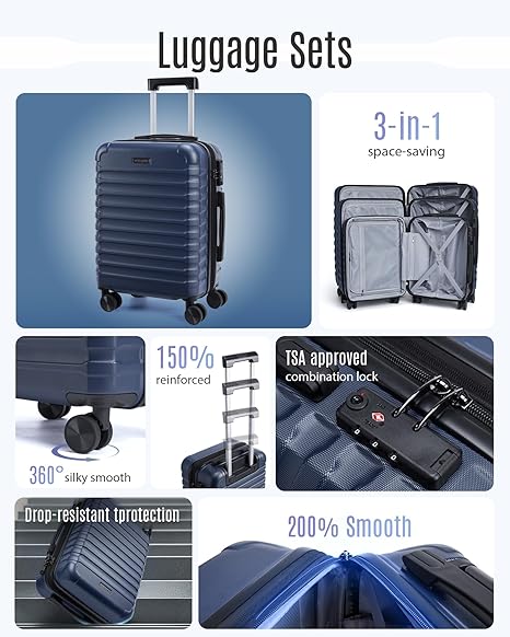 LIGHT FLIGHT Luggage Sets, 3 Piece Durable Suitcase Set with Spinner Wheels, 3 Pcs Hardside Lightweight luggage with TSA Lock, Large Checked Travel Suitcases, 20/24/28 Inch, Dark Blue - Image 3